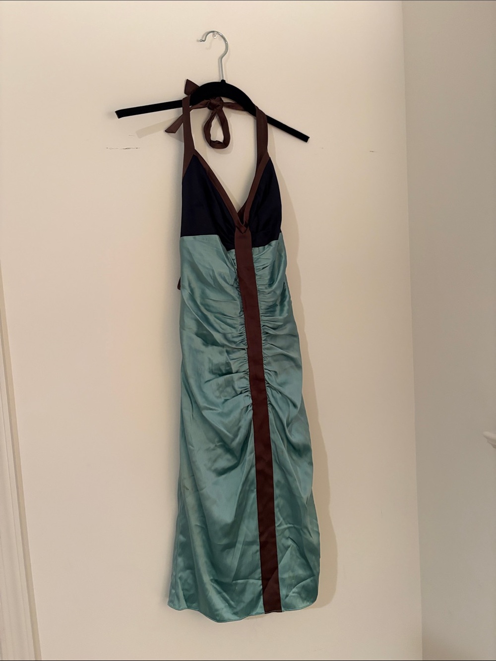 One-Shoulder Satin Colorblock Dress in Teal and Brown